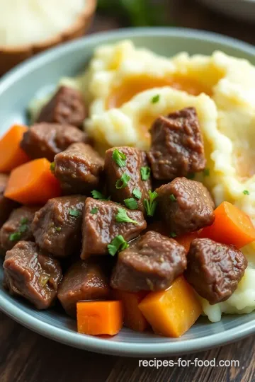 Savory Venison Stew with Creamy Mashed Potatoes presentation